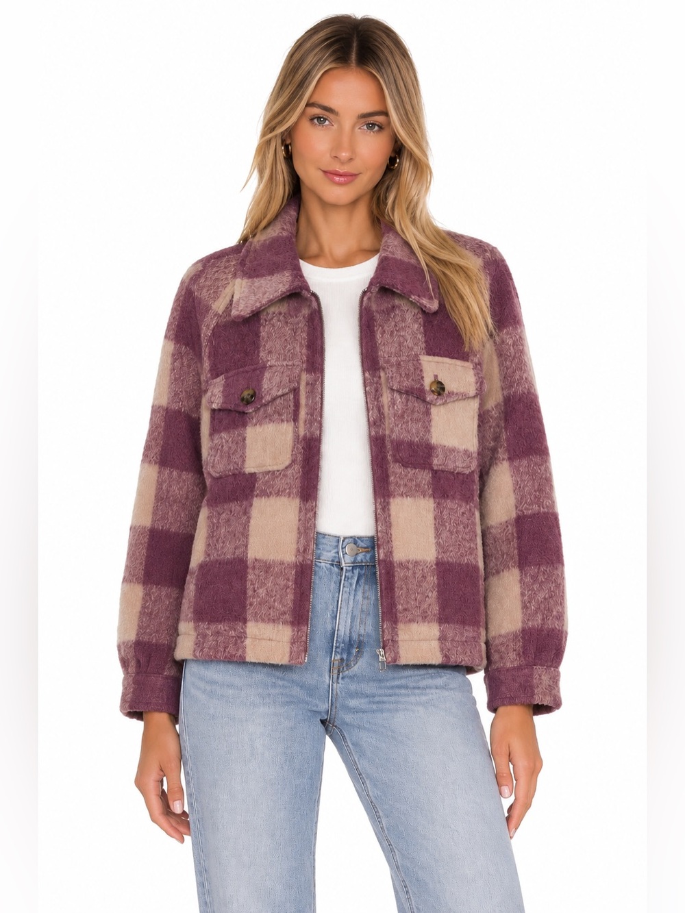 Avec Les Filles Plaid Utility Jacket in Mauve & Cream